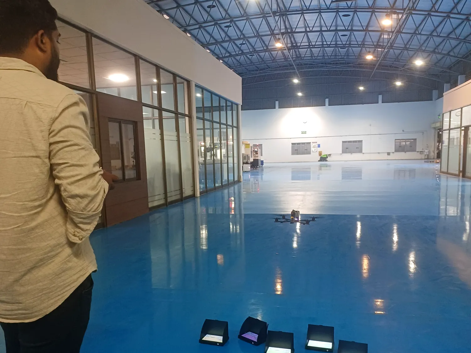 Indoor flight hall &mdash; Hover trials in the test bay
